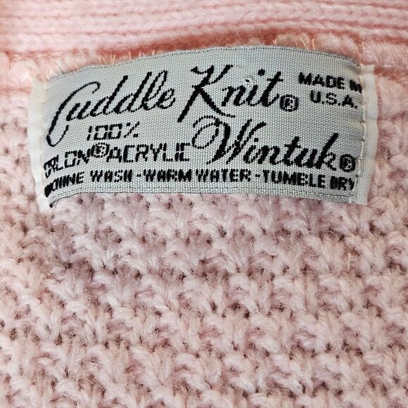 Cuddle Knit Wintuk Pink V Neck Button Up Open Knit Cardigan Sweater Vintage 60s - Picture 7 of 10